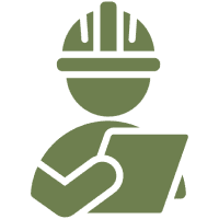 Construction worker icon with hard hat.