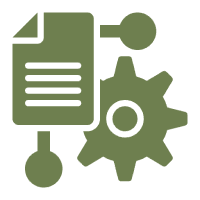Document and gear icon on black background.