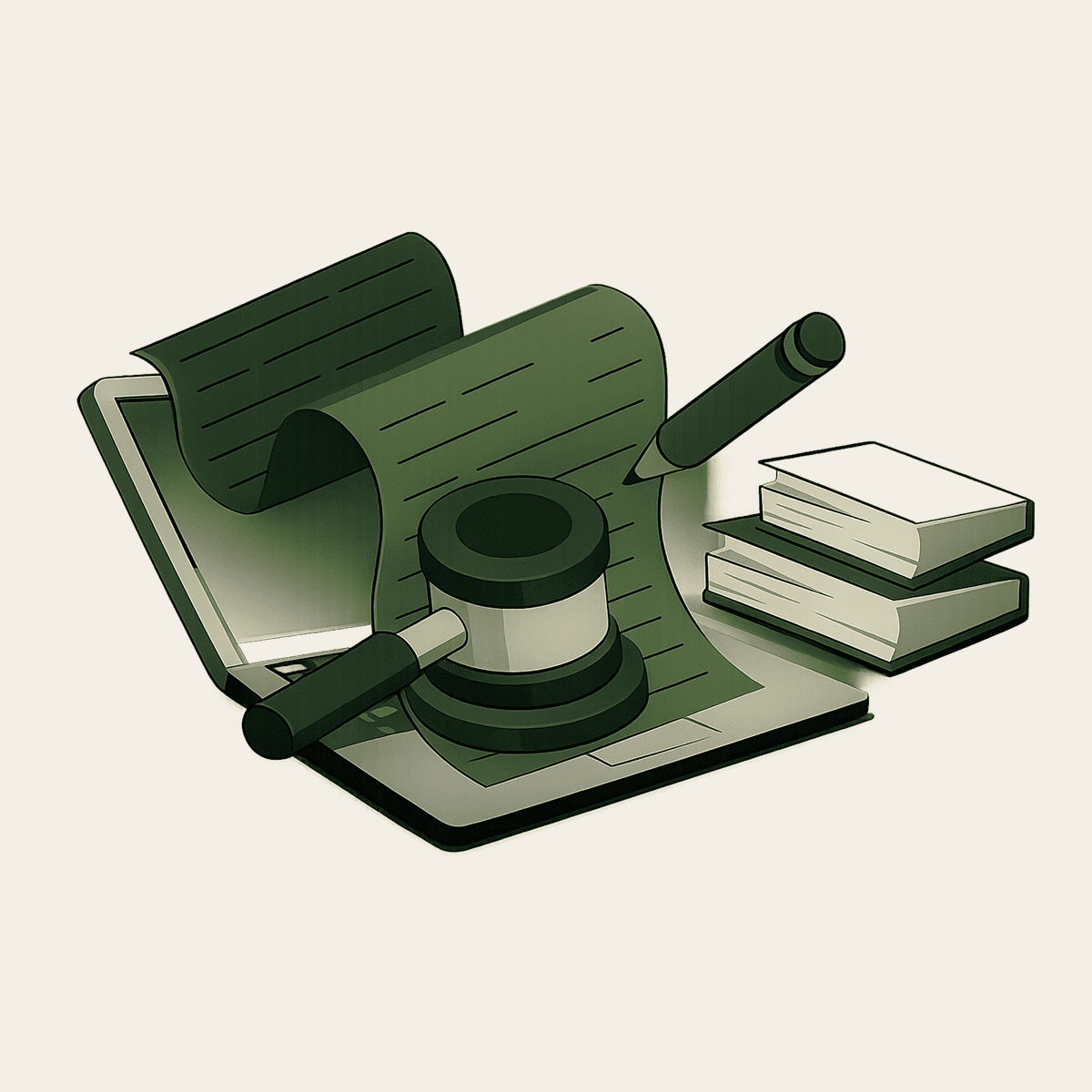 Gavel, book, and pen illustration.