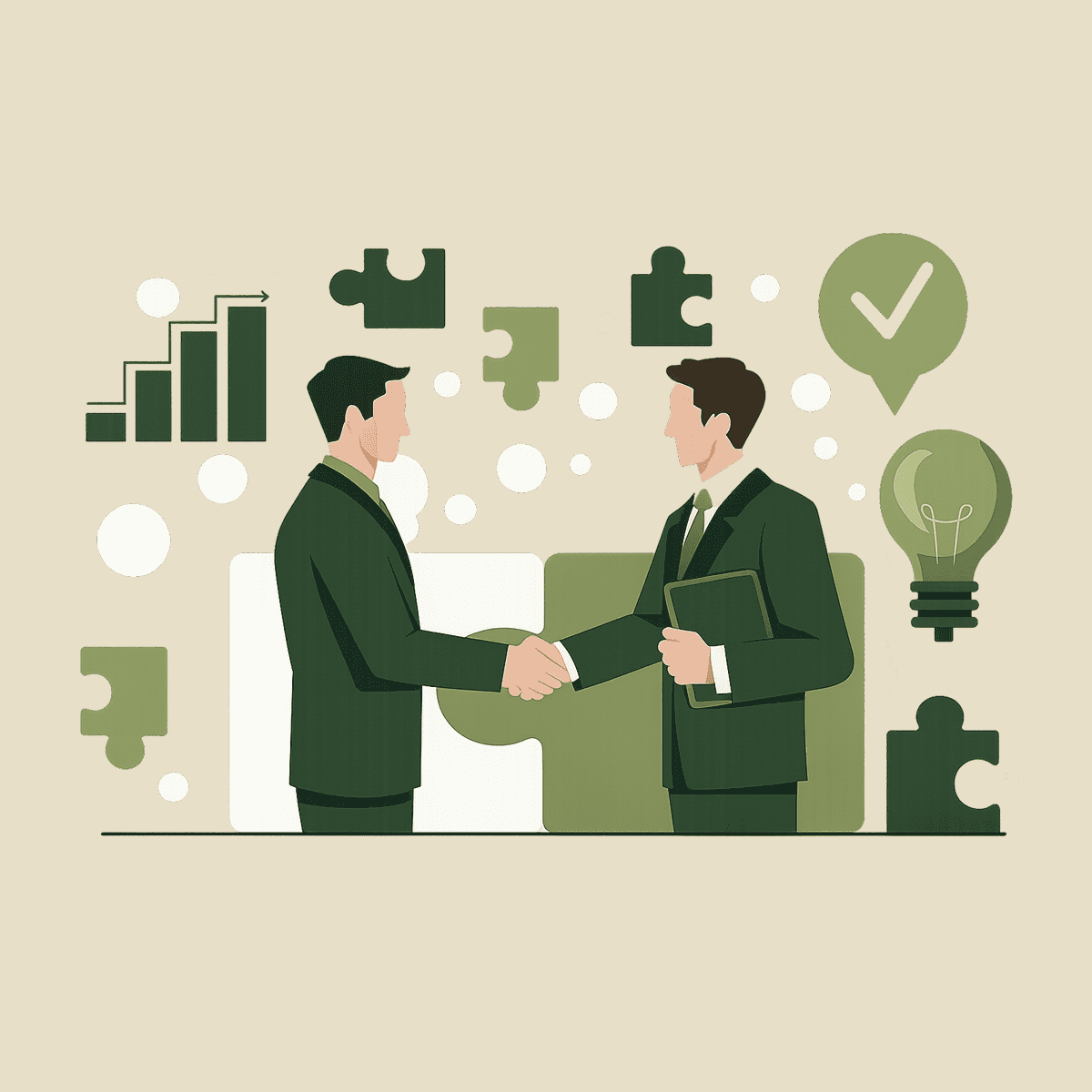 Two businessmen shaking hands amid puzzle pieces.