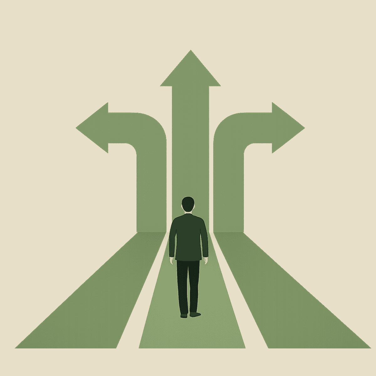 Person choosing between three directional arrows.