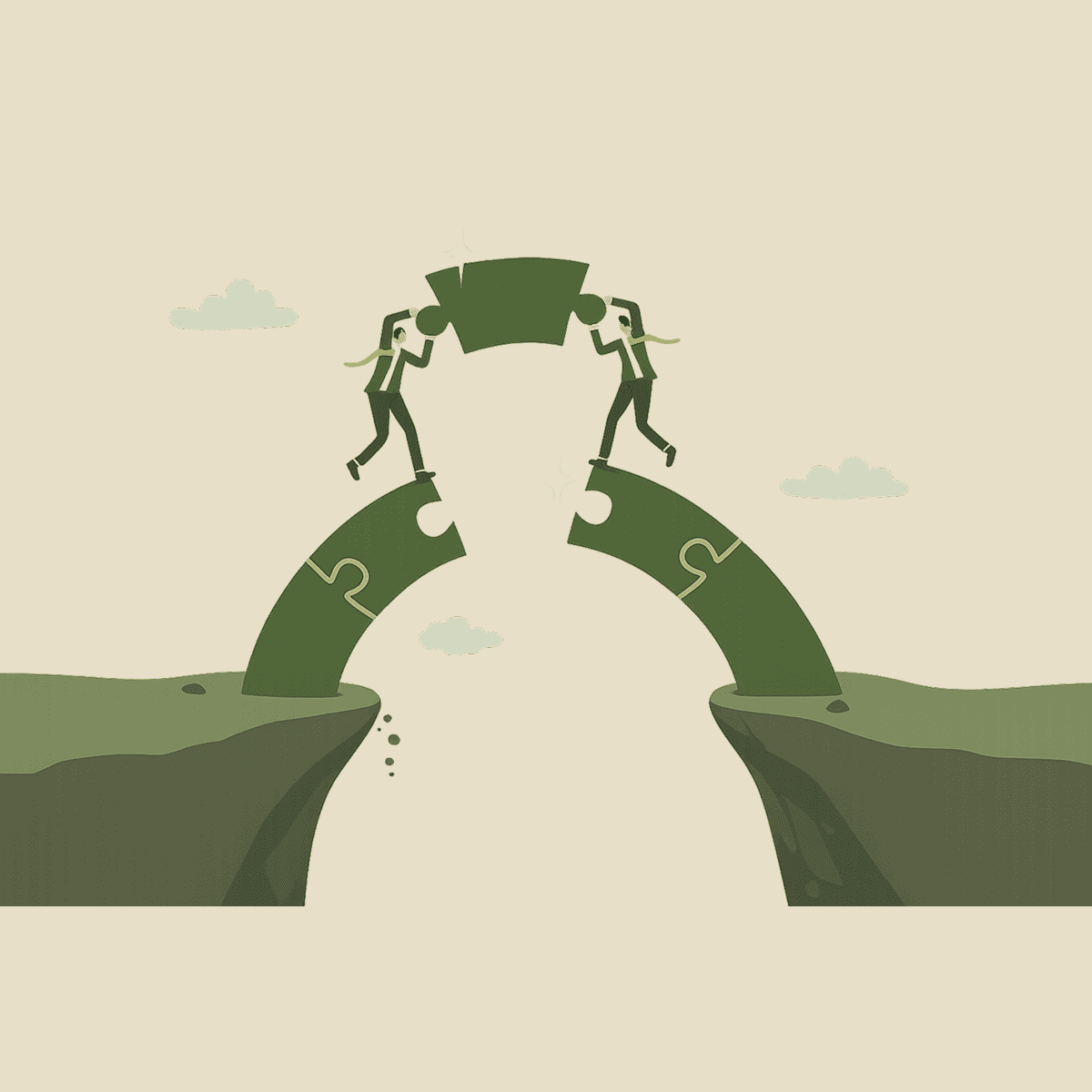 Two figures connecting puzzle bridge pieces.