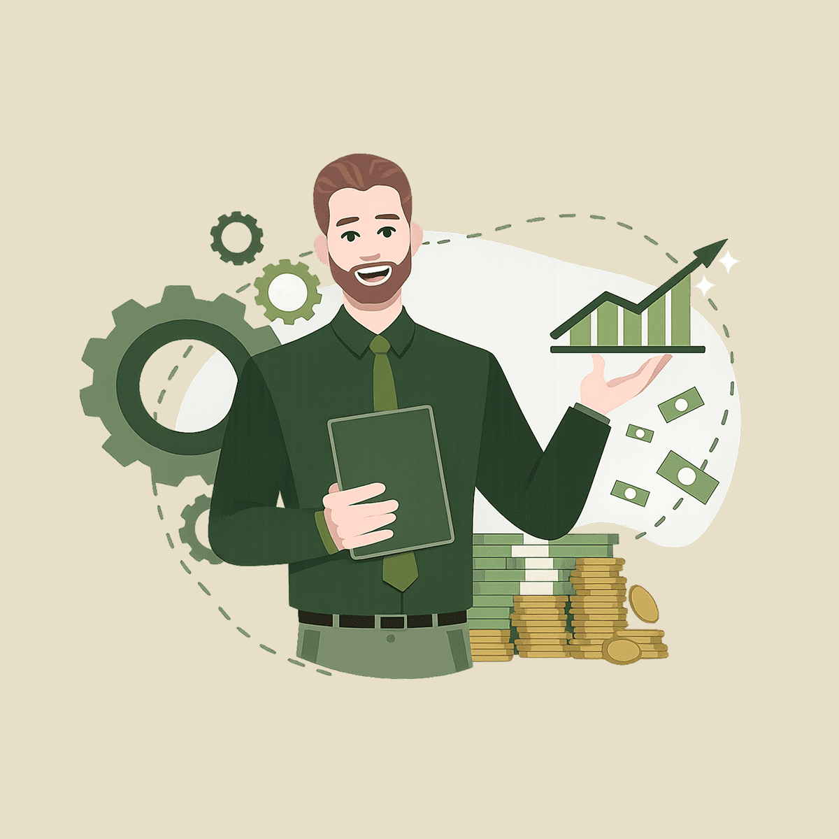 Smiling man with growth chart and money.