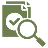 Document checkmark and magnifying glass icon.
