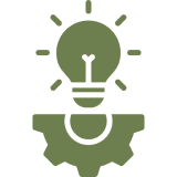 Lightbulb and gear icon on black background.